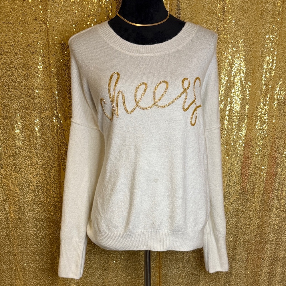 Vince Camuto White Sweater with Gold Script
